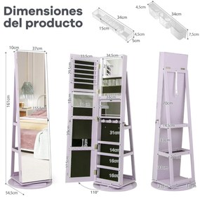 Armário joias giratório 360° com luzes LED Espelho de corpo inteiro 54,5 x 161 cm Púrpura