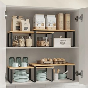 Conjunto de 4 prateleiras para cozinha empilháveis, Preto e bege natural