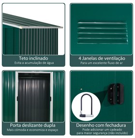 Abrigo de Jardim de 4,1 m² 236x174x190 cm para Armazenamento de Ferramentas com Portas e 4 Janelas de Ventilação Verde