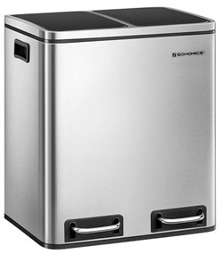 Lixeira de reciclagem SONGMICS, 2 latas de lixo de aço de 15 L, com degraus, balde interno e alças, para cozinha, fechamento suave, hermético, prata e preto LTB30H