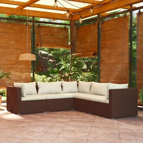 5 pcs conjunto lounge jardim c/ almofadões vime PE castanho