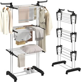 HOMCOM Estendal Dobrável para Roupa com Rodas Estendal Vertical de Aço com 3 Níveis Laterais Dobráveis 73x64x177cm Preto e Branco | Aosom Portugal