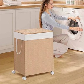 Cesto para roupa suja 100 L com 2 compartimentos e rodas bege natural-branco