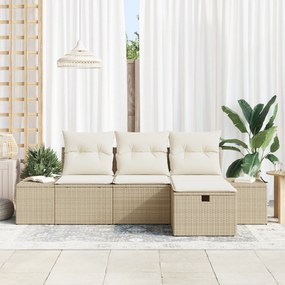 Conjunto de Sofá de Jardim de 4 Peças com Almofadas Bege Rattan Poliés