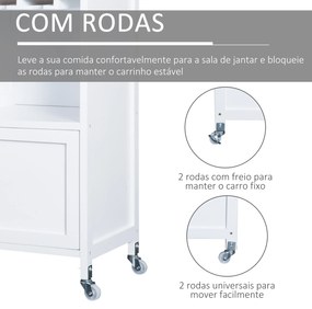 HOMCOM Carrinho de Cozinha Auxiliar com Rodas Carrinho de Cozinha com 2 Gavetas Suporte para 9 Garrafas Suporte para Taças Prateleira Aberta e Armário 76x40x88cm Branco
