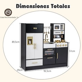 Cozinha de brincar em madeira para crianças com luzes e sons realistas 92.5 x 29 x 89,5 cm Preto