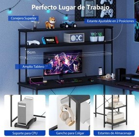 Secretária 145 x 145 x 147 cm em forma de L convertível com tomadas e portas USB e iluminação inteligente preta
