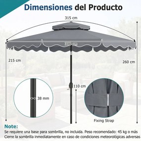 Guarda-sol de 300 cm com inclinação bidirecional de 30° (BASE NÃO INCLUIDA), teto ventilado, 2 camadas, 8 varas metálicas e folhos, para pátio e pisci