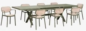 Conjunto De Mesa Retangular Extensível Karena 240-300x100 Cm E 8 Cadeiras De Jardim Empilháveis Com Apoios De Braços Omara Verde Azeitona Intenso -