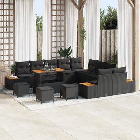 Conjunto de Sofa de Jardim vidaXL de 14 Peças com Almofadas em Vime Sintético Preto e Acácia