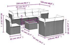 9 pcs conjunto de sofás p/ jardim com almofadões vime PE bege