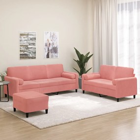 vidaXL 3 pcs conjunto sofás c/ almofadas/almofadões veludo rosa