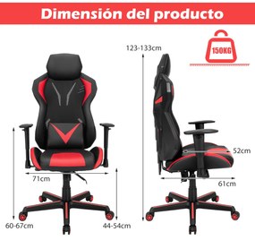 Cadeira de Gaming Ergonómica de Computador Giratória Regulável em Altura Cadeira Regulável Vermelho e Preto