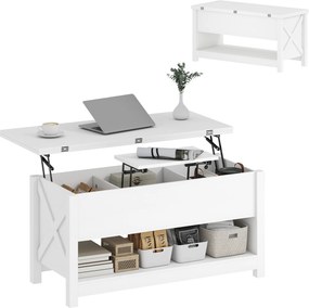 Mesa de Centro Elevatória e Extensível com Compartimentos Ocultos e Prateleira Aberta 100x90x64 cm Branco