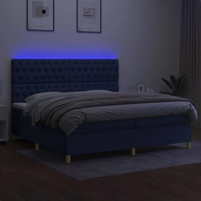 Cama box spring c/ colchão e LED 200x200 cm tecido azul