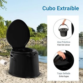 Sanita portátil 5 L para campimo 41 x 49 x 34 cm com tampa e cubo interno removível, WC portátil para viagens ao ar livre Preta
