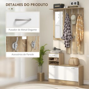Móvel Cabide de Entrada de 3 Peças Armário de Entrada com Cabide Espelho Sapateira e Gaveta 90x10x102 cm Branco e Madeira