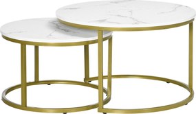 Conjunto de 2 mesas baixas encaixáveis, redondas, com tampo com efeito mármore e pés em aço, Ø 74 x 46,3 cm, branco dourado