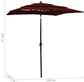 Guarda-sol de jardim 3 camadas c/ poste de alumínio 2x2 m bordô