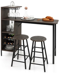 Conjunto de mesas e cadeiras de bar 3 peças, mesa e bancos industriais com suportes para copos, prateleiras para sala de jantar, cozinha, castanho