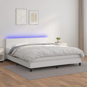vidaXL Cama box spring c/colchão/LED 160x200cm couro artificial branco
