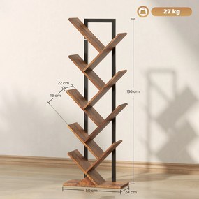 Estante em forma de árvore com 9 níveis 50 x 24 x 136 cm, móvel de arrumação industrial com estrutura em aço, castanho rústico