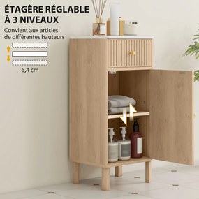 Móvel de casa de banho 36 x 30 x 80 cm, móvel de arrumação com tampo com efeito de mármore e porta com ranhuras, gaveta cor carvalho