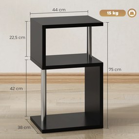Mesa Auxiliar com Luz LED 3 Níveis Forma de S Prateleiras Abertas e Estrutura em Alumínio 44x38x75 cm Preto Brilhante
