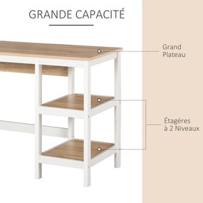 Secretária com 110 cm de comprimento x 48 cm de largura x 76 cm de altura, 2 prateleiras laterais em MDF E1, carvalho claro e branco