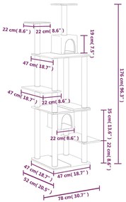 Árvore p/ gatos c/ postes arranhadores sisal 176 cm cinza-claro