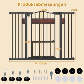 Grelha de proteção para cães 74-104 cm x 76 cm, grelha para porta sem perfuração,com porta pequena, preta