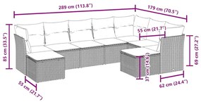 9 pcs conjunto de sofás p/ jardim c/ almofadões vime PE preto