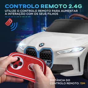 Carro Elétrico para Crianças BMW i4 12V com Controlo Remoto Música MP3 Ecrã Luzes e Cinto de Segurança 115x67x45 cm Branco