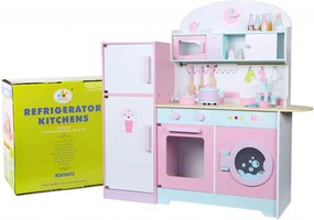 Cozinha de brincar de madeira rosa com frigorifico