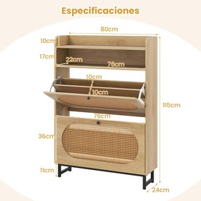 Sapateira com 2 gavetas rebatíveis 80 x 24 x 115 cm com portas de rattan e pés de metal Armário de armazenamento natural