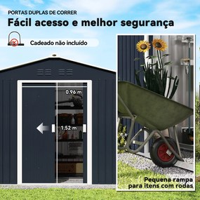 Abrigo de Jardim 4,9 m² 277x195x192 cm com 2 Portas Deslizantes Base Reforçada (Chão NÃO Incluído) Cinzento Escuro