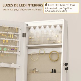 Espelho Armário de Jóias com Luzes LED Rodas Giratórias 360° Prateleiras Abertas Gavetas de Tecido Branco