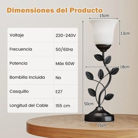 Candeeiro de mesa para mesa de cabeceira Candeeiro vintage para mesa de cabeceira com abajur de vidro em forma de tulipa e folhas de metal preto
