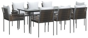 9 pcs conjunto de jantar p/ jardim com almofadões vime PE e aço