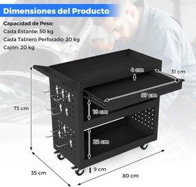 Armário para ferramentas metálico 80 x 35 x 73 cm com rodas, 3 níveis, gaveta e painéis perfurados para oficina, preto