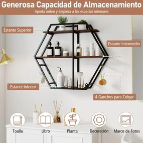 Prateleira hexagonal de parede 80 x 18 x 69,5 cm com 3 níveis flutuantes com ganchos de metal e madeira para quarto, sala de estar, café
