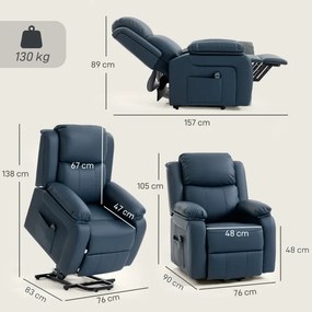 Poltrona Relax Levanta Pessoas com Controle Remoto Reclinação Elétrica de 160° Apoio para os Pés 76x90x105 cm Azul Escuro