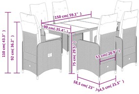 7 pcs conjunto bistrô de jardim c/ almofadões vime PE cinza