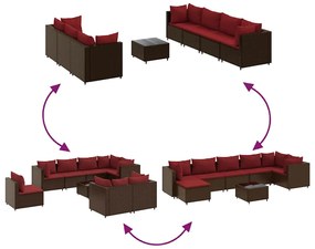 8 pcs conjunto lounge de jardim c/ almofadões vime PE castanho