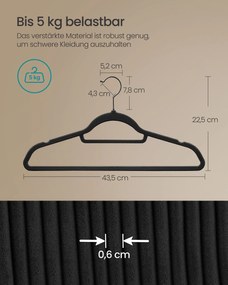 Conjunto de 50 cabides em veludo 43,5 x 22,5 cm Preto