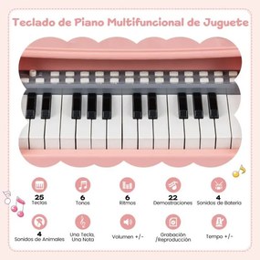 Piano de 25 teclas para crianças 30,5 x 17,5 x 32,5 cm com atril e microfone Brinquedo educativo para aprendizagem precoce 3+ anos Rosa