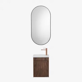 Conjunto De Móvel De Casa De Banho Suspenso Em Madeira Com Lavatório Integrado Narek Madeira Escura & Ovale Led E Antifog Preto 50x100 Cm Asteiro & Ou