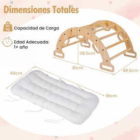 Arco de escalada 3 em 1 bebés Montessori em madeira com almofada e baloiço para interior, a partir de 1 ano, 81 x 48,5 x 38,5 cm, natural