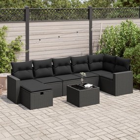 8 pcs conjunto sofás de jardim com almofadões vime PE preto