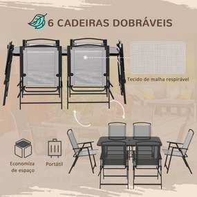 Conjunto de Refeição de 7 Peças com 6 Cadeiras Dobráveis e Mesa com Orifício para Chapéu de Sol para Terraço Exterior Cinza